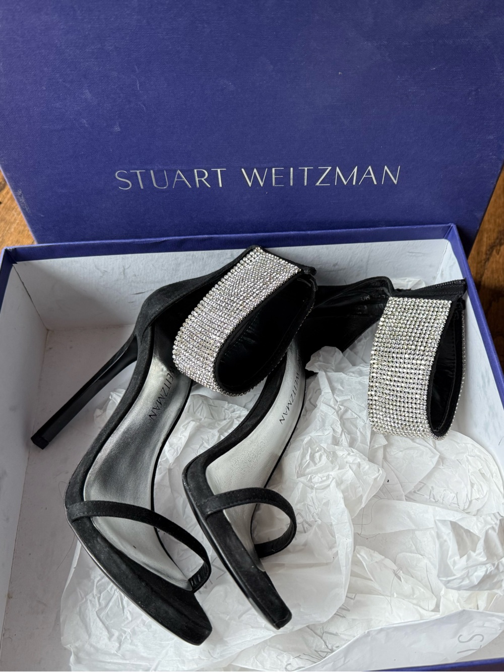 Stuart Weitzman Black Crystal-Strap Stiletto Sandals